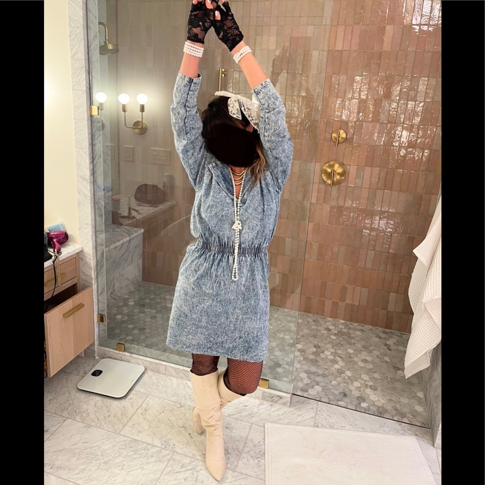 80s acid wash dress M, slouch boots 8.  Complete 80s costume!